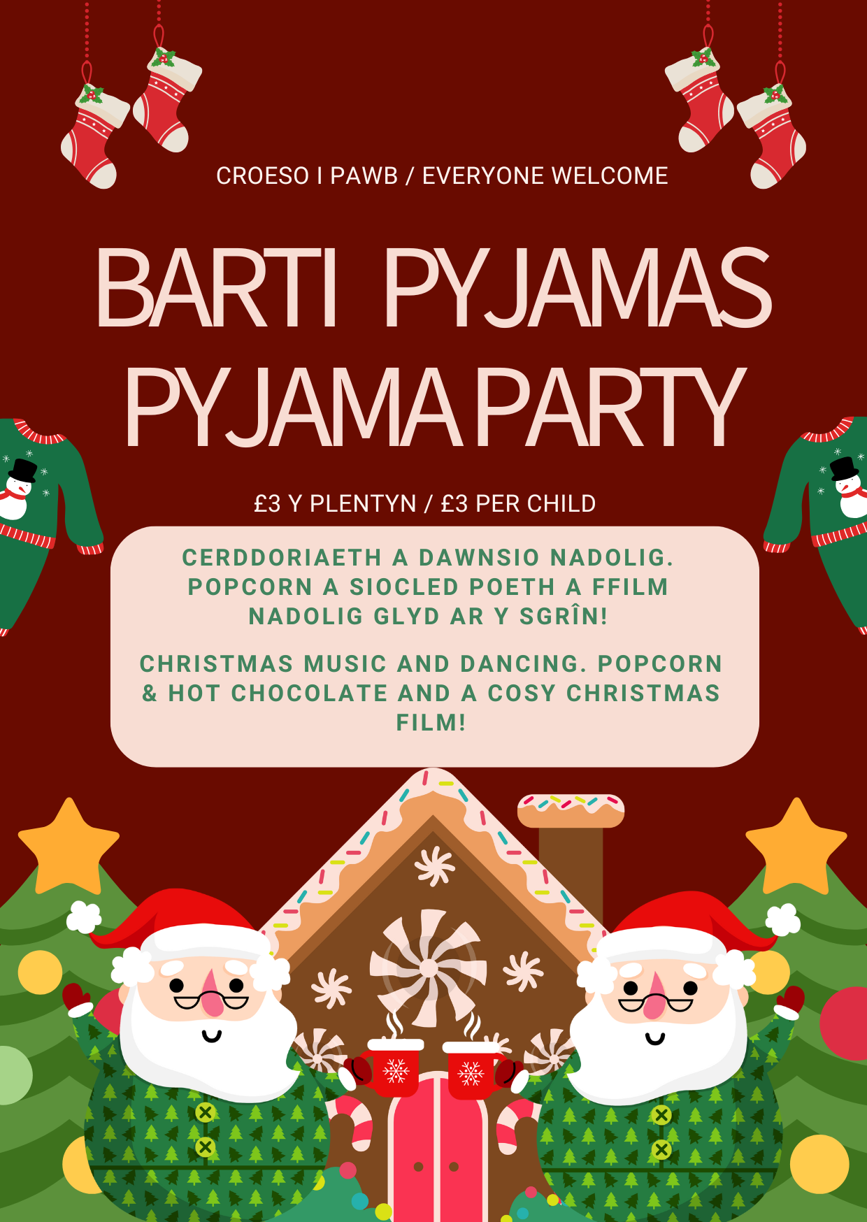 📅 Dyddiad ac Amser: 17/12/25 am 13.30-15.30  📍 Lleoliad: Caban Cylch  💷 Cost: £3 y plentyn  Gall y plant ddod yn eu pijama Nadoligaidd hoff a mwynhau:  Cerddoriaeth a dawnsio Nadolig  Popcorn a diod  🎬 A ffilm Nadolig glyd ar y sgrîn!  👉 Talu: Anfonwch £3 drwy PayPal i: (@cylchfelinheli- Friends & Family) (Cofiwch gynnwys enw eich plentyn yn y nodiadau talu.)  Edrychwn ymlaen at ddathlu gyda’n gilydd mewn steil Nadoligaidd clyd!